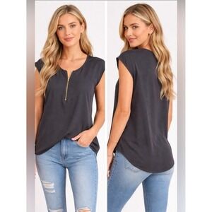 Bold Elements Womens Gray Short Sleeve Gold Zip Front High Low Blouse Size M